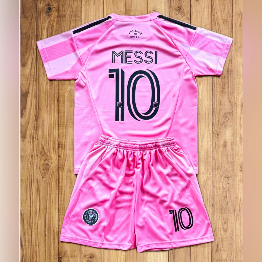 Lionel Messi Youth Pink Striped Kids Jersey Set 2025 Soccer Uniform - SHIPS FAST